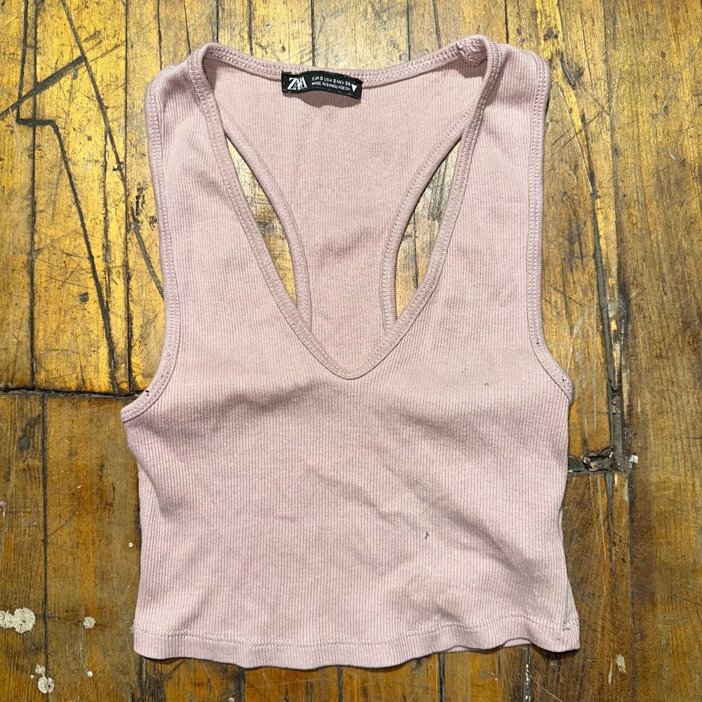 Zara Tank Top Womens Small Pink Solid Cropped Sleeveless V Neck Pullover Outdoor